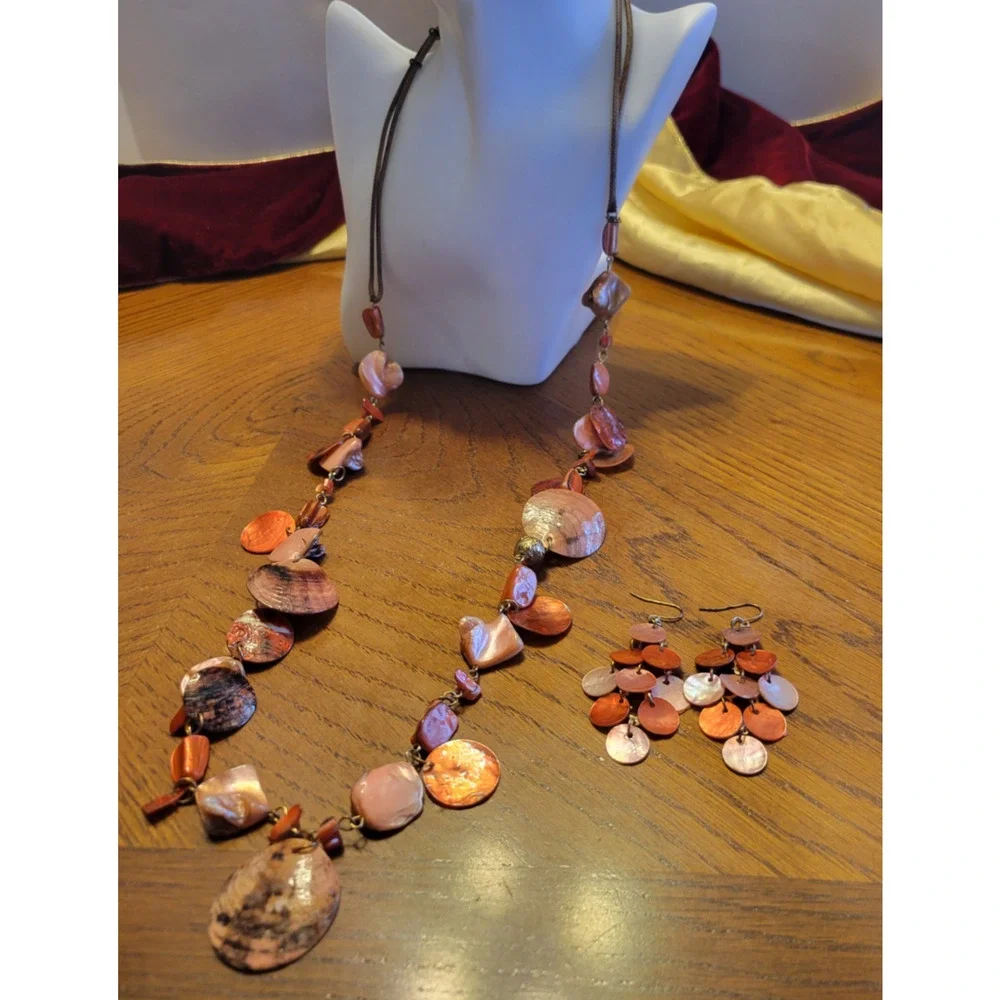 Boho‎ Capiz Shell Necklace Earrings Set Copper Peach Pink Disc Beaded 18